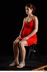 Whole Body Woman White Dress Pregnant Sitting Studio photo references